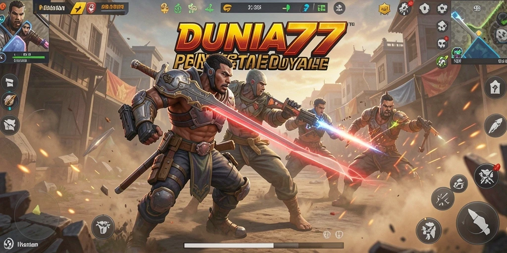 Tangkapan layar DUNIA77 menampilkan aksi pertempuran seru di Battle Royale.