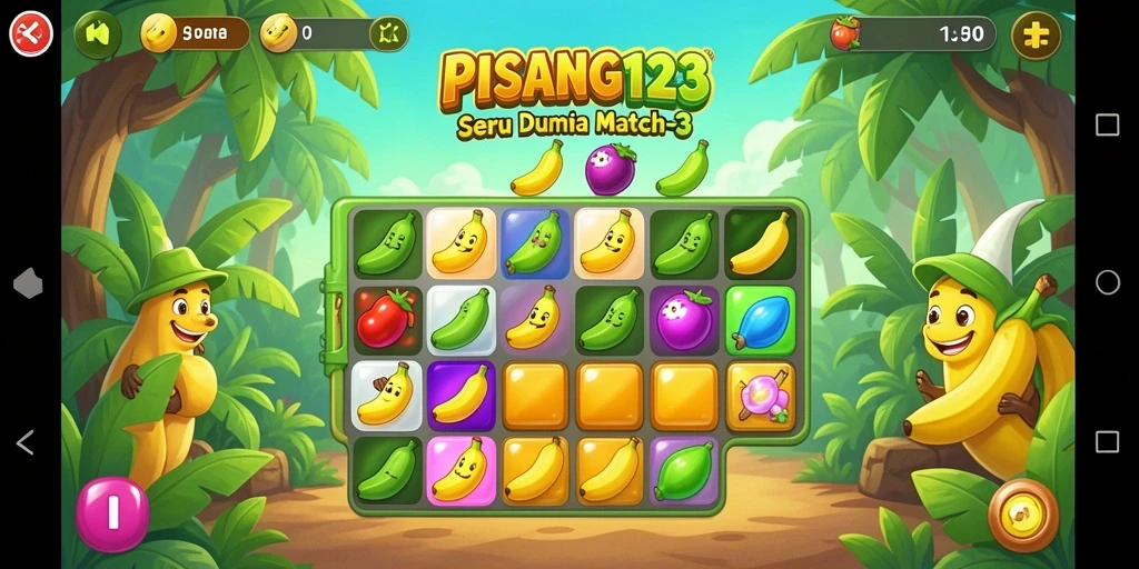 Menampilkan gameplay seru PISANG123 dengan kombinasi buah-buahan.